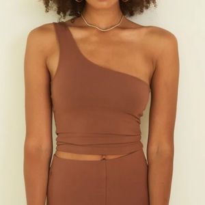 NWT $158 Sz XS SPRWMN Brown Cinnamon City Jersey One Shoulder Crop Top